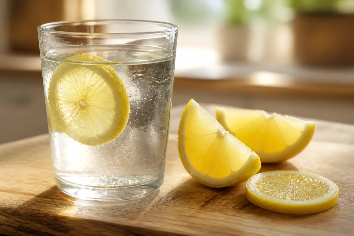 Verre d&rsquo;eau citronnée et quartiers de citron sur une planche en bois