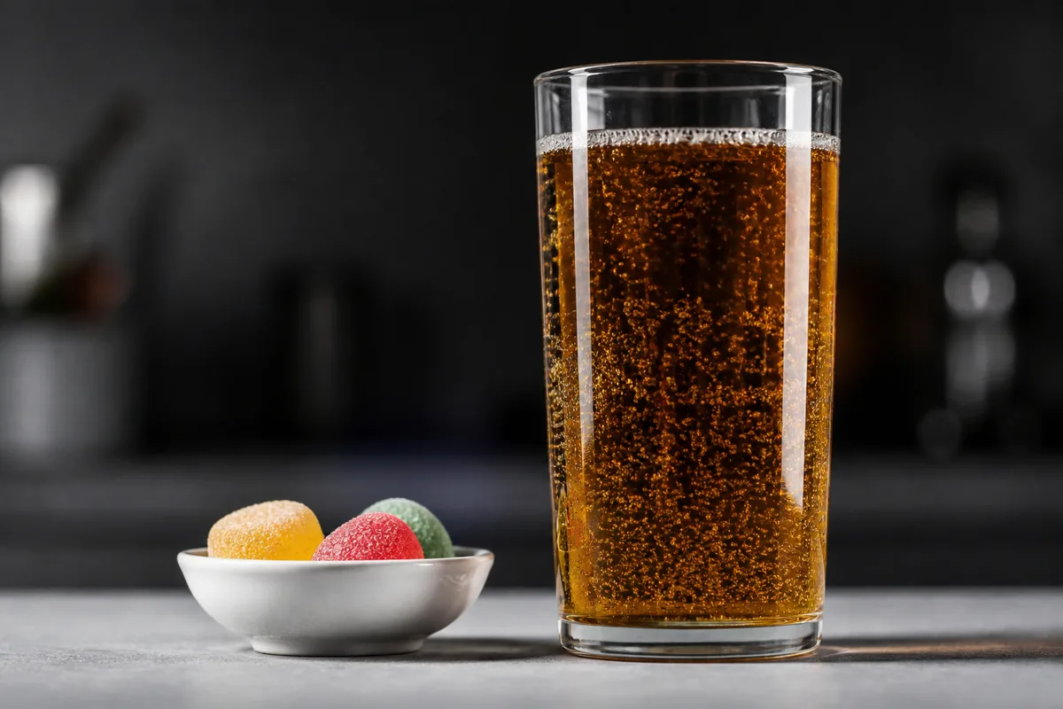 Verre de soda pétillant et bol de bonbons colorés sur un comptoir