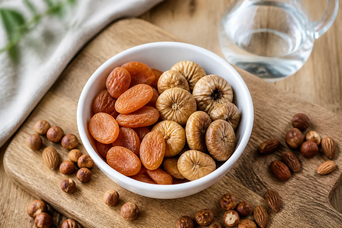 Bol de fruits secs et de fruits à coque posé près d&rsquo;une carafe d&rsquo;eau