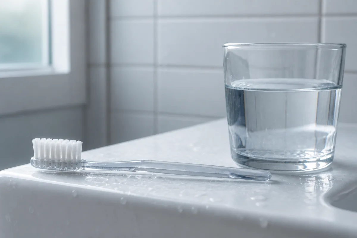 Brosse à dents et verre d&rsquo;eau sur un rebord de lavabo en céramique