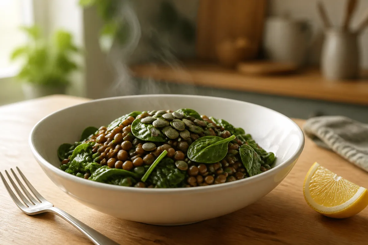 Assiette composée de lentilles, d&rsquo;épinards et de graines de courge sur une table en bois clair
