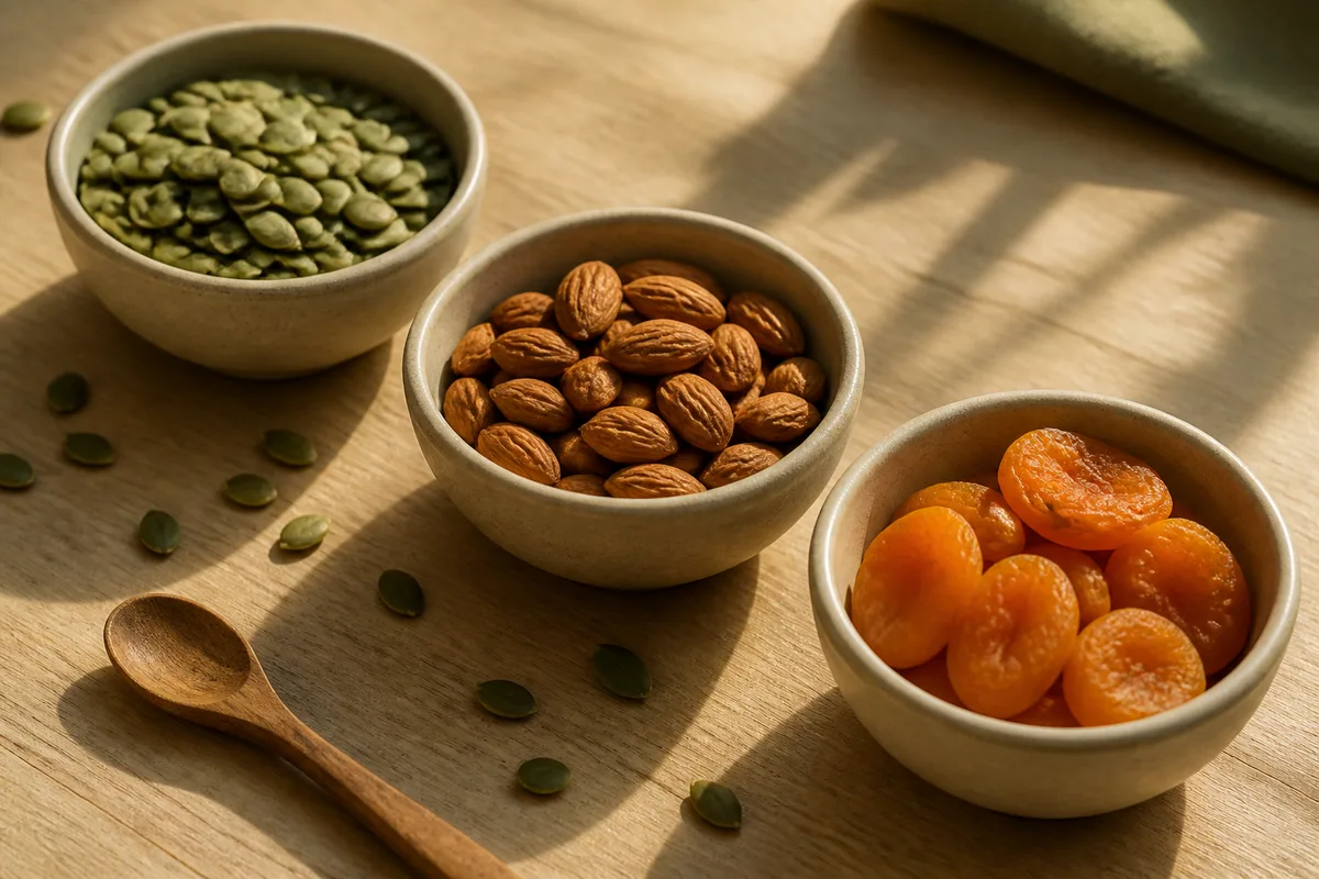 Bols de graines de courge, d&rsquo;amandes et de fruits secs disposés sur un plan de travail