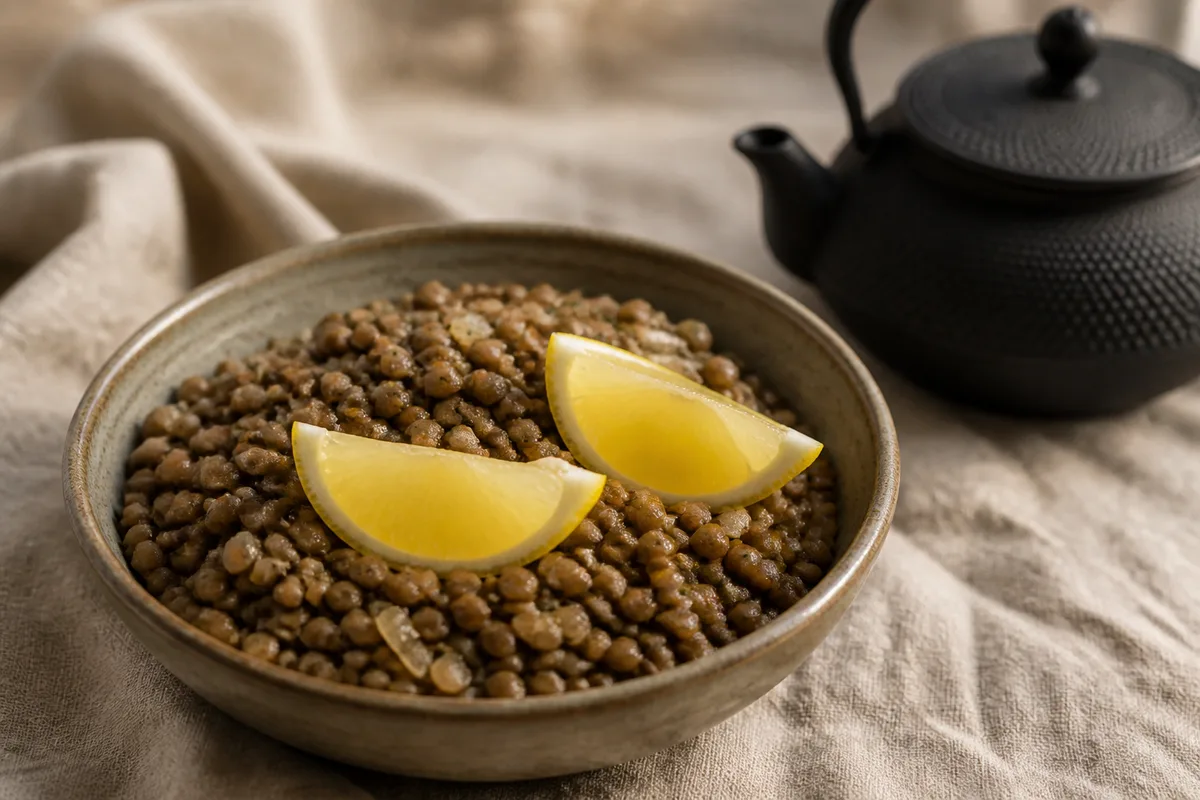 Bol de lentilles aux quartiers de citron posé près d&rsquo;une théière en fonte sur une nappe en lin