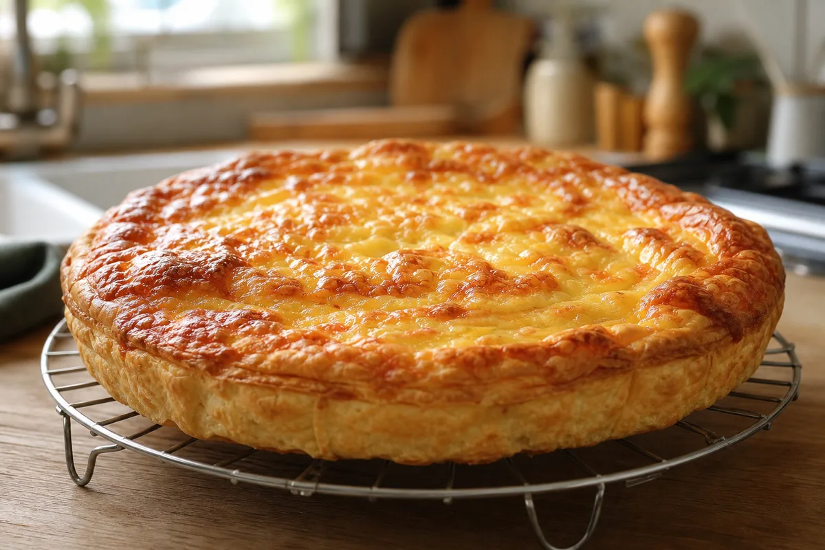 Flamiche au maroilles dorée refroidissant sur une grille de four