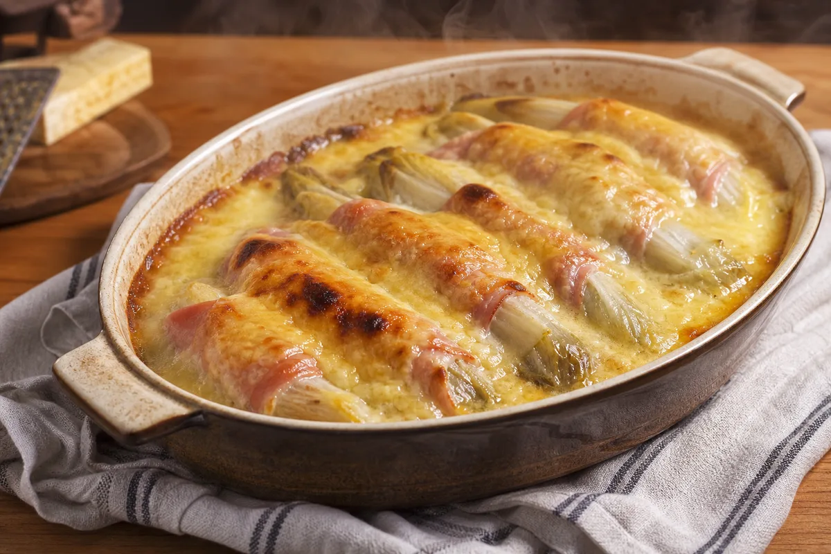Gratin d’endives au jambon et au maroilles gratiné dans un plat en céramique