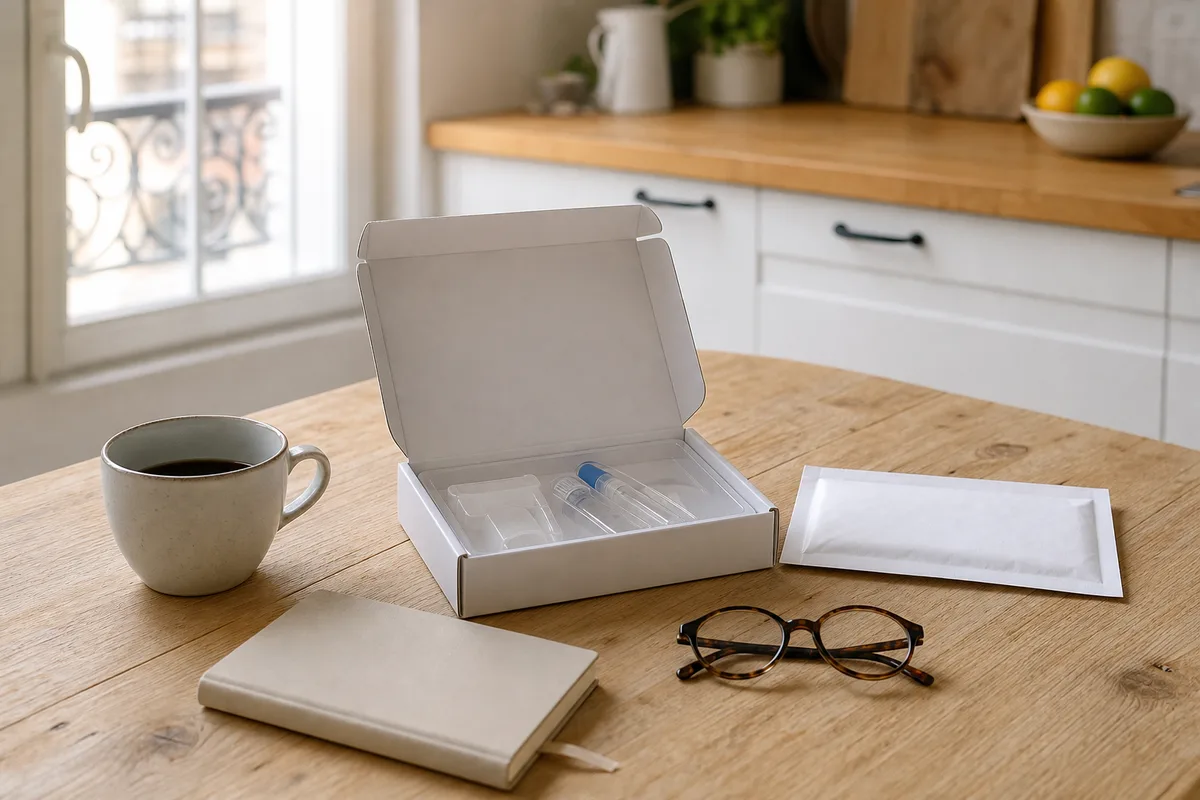 Test de dépistage et documents de santé posés sur une table en bois