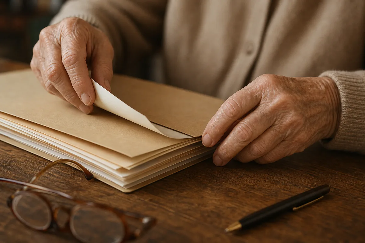 Mains d&rsquo;une personne âgée classant des documents dans un dossier